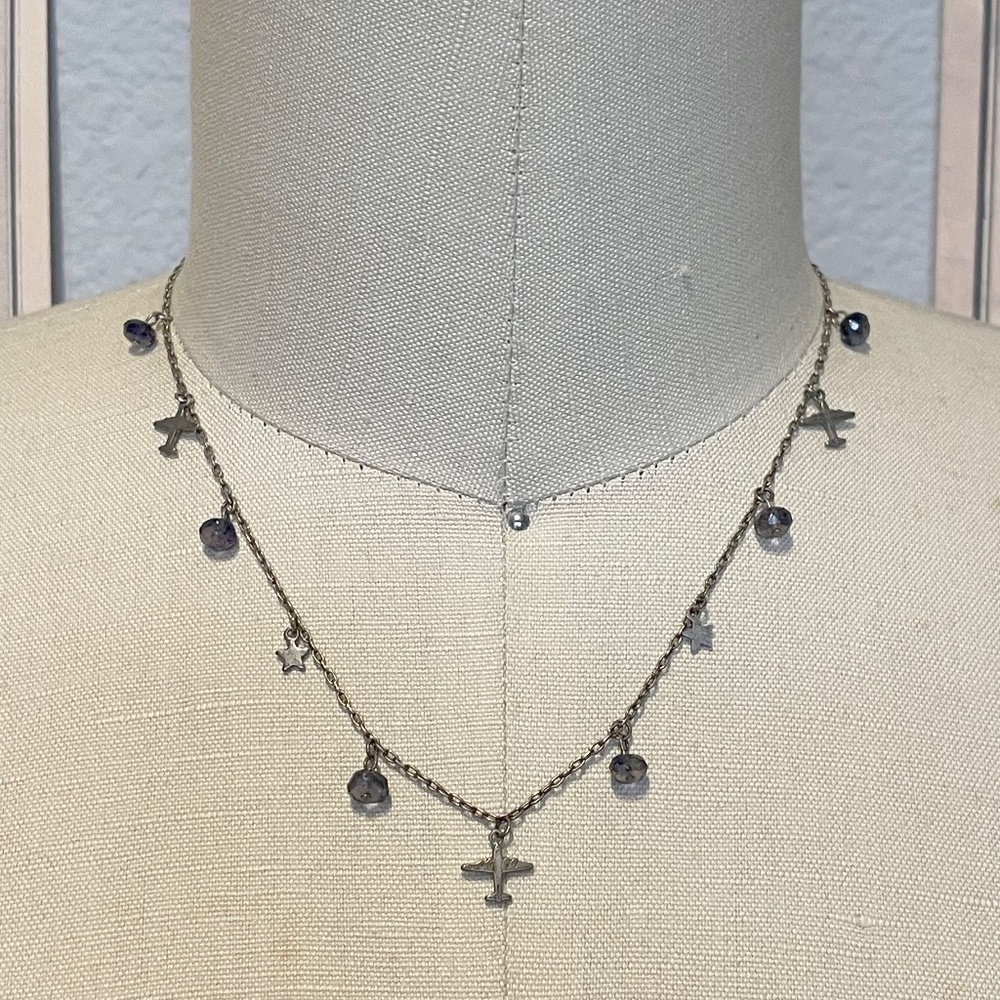 Cute Silver Boeing Dangle Airplane & Stars Charms & Blue Beaded Choker Necklace